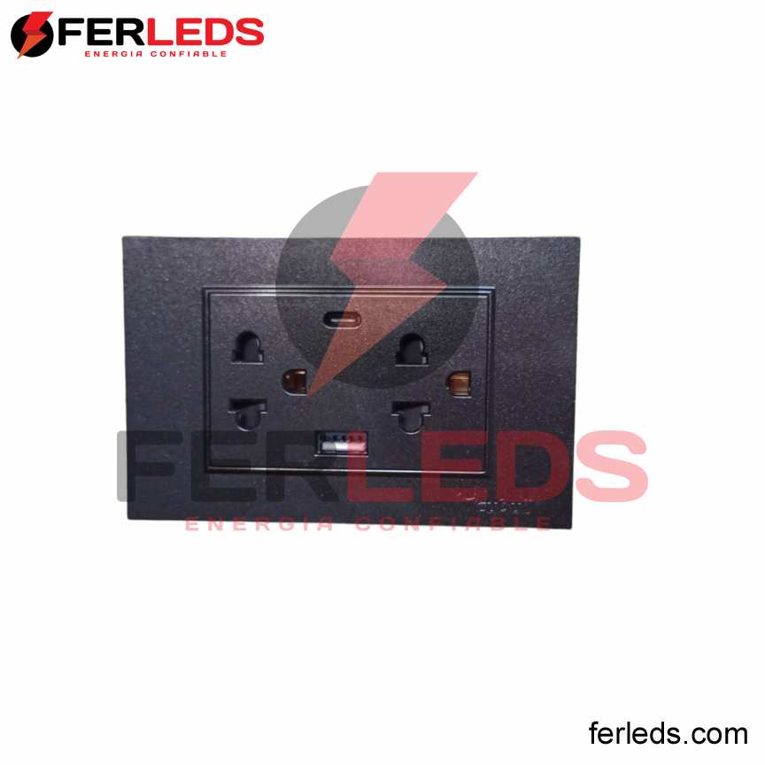 FERLEDS. CUBULL TOMACORRIENTE DOBLE COLOR NEGRO MATE  - LINEA TIERRA - USB - CARGA RAPIDA