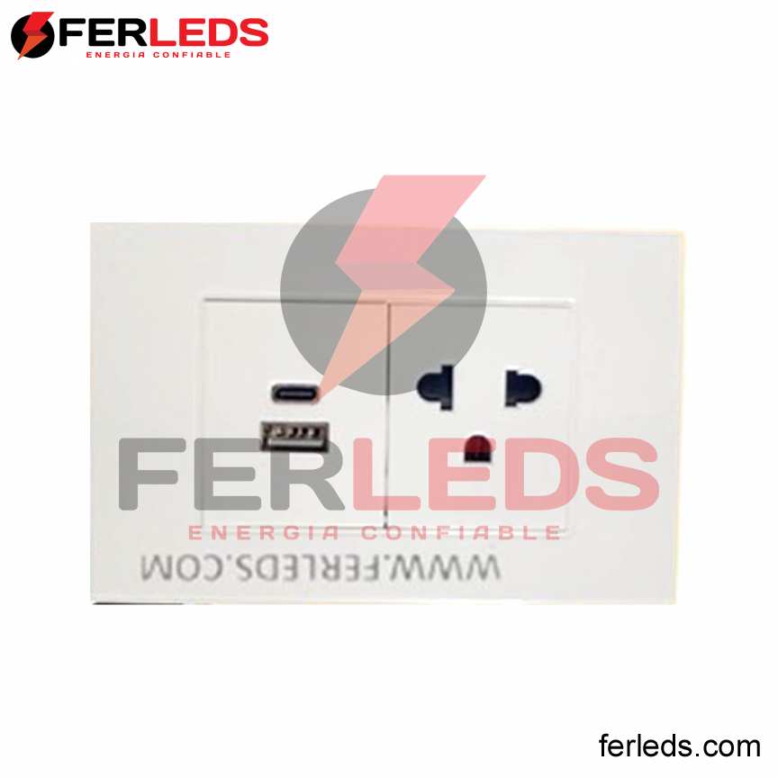 Ferleds. Tomacorriente Universal + Puertos Duales USB A y C - Blanco
