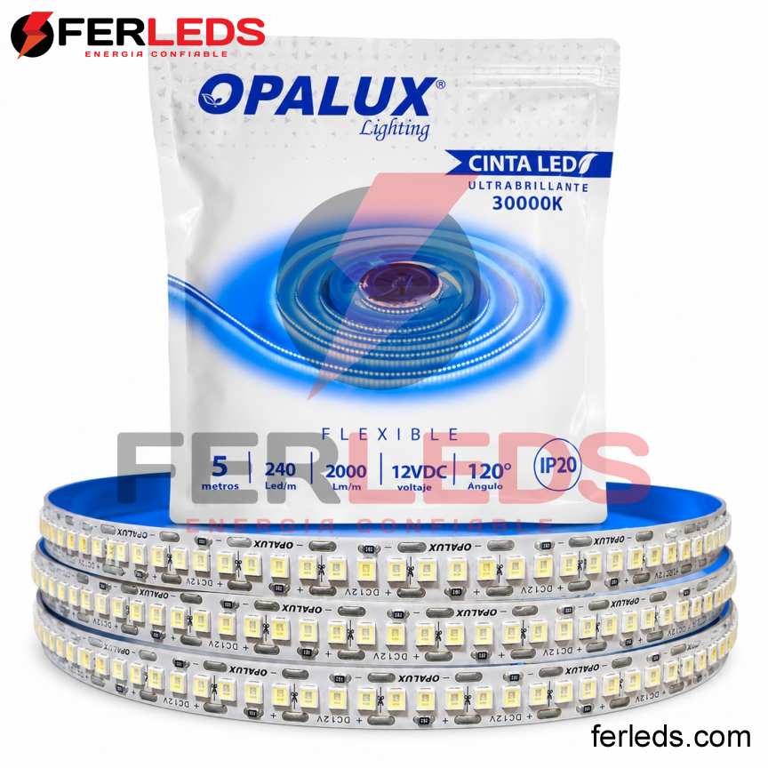 Ferleds: Opalux Cinta Tira LED Blanco Hielo 3000K Alta Densidad 12V 5 Metros 240LED/m OP-LS28240-30CW