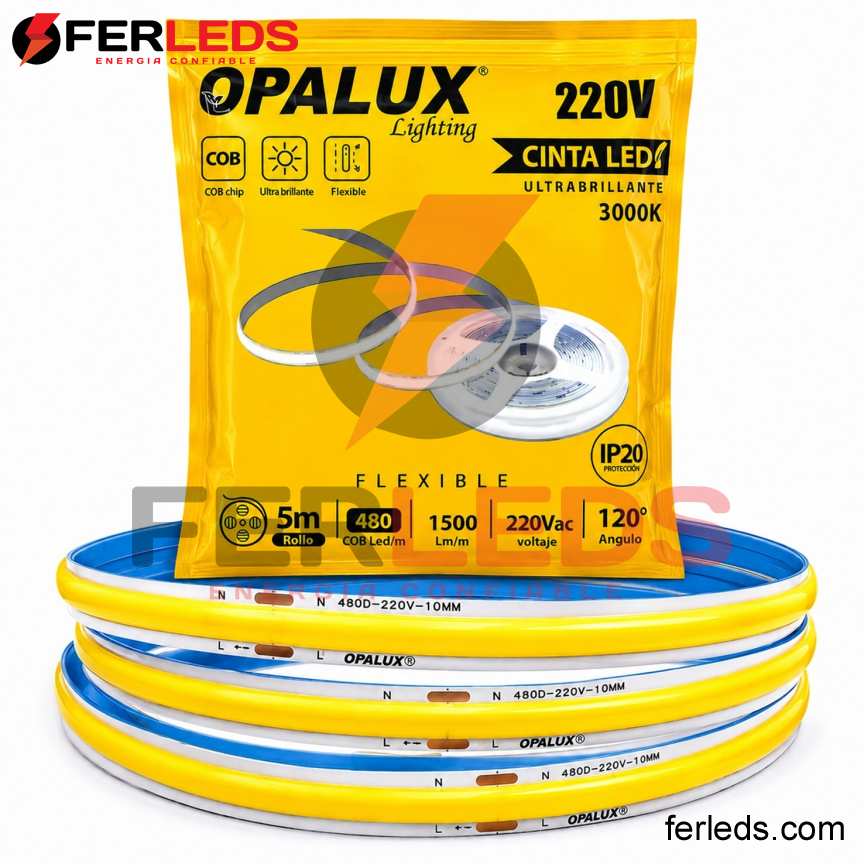 Opalux | Tira LED COB 220V Cálida 480LED/m 5m OP-LCB2248-5WW