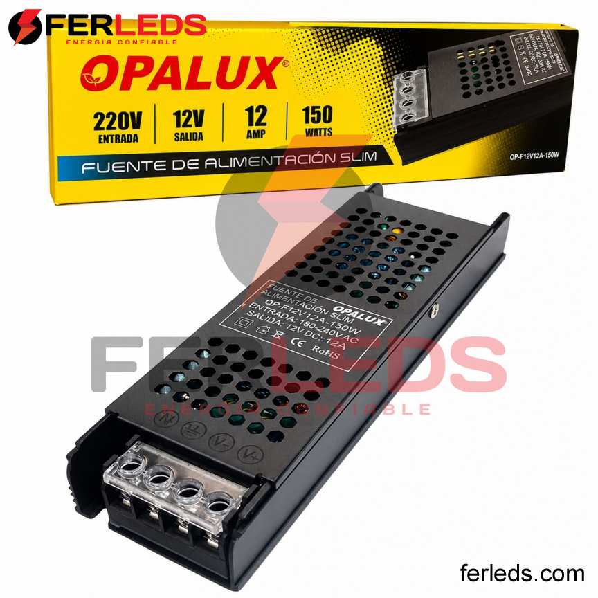 OPALUX | Transformador Slim LED 12V 12A 150W IP20 para Tiras LED | OP-F12V12A-150W