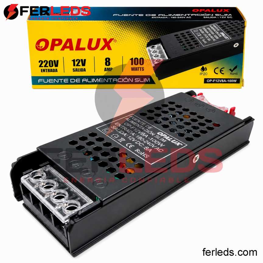OPALUX | Transformador Slim LED 12V 8A 100W IP20 para Tiras LED | OP-F12V8A-100W