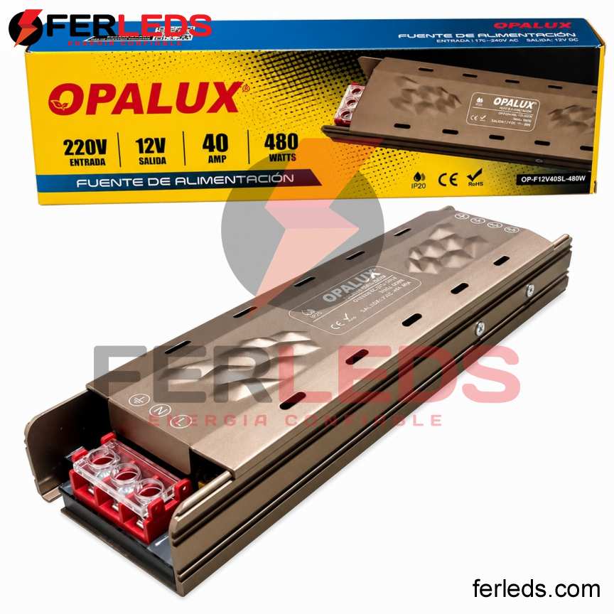 OPALUX | Transformador Slim LED 12V 40A 480W IP20 para Tiras LED | OP-F12V40SL-480W