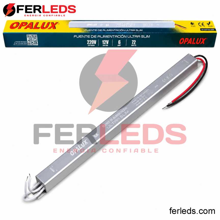OPALUX | Transformador Ultra Slim Tipo Lápiz LED 12V 6A 72W IP20 para Tiras LED | OP-F12V6A-72W