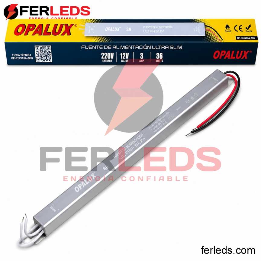 OPALUX | Transformador Ultra Slim Tipo Lápiz LED 12V 3A 36W IP20 para Tiras LED | OP-F12V3A-36W