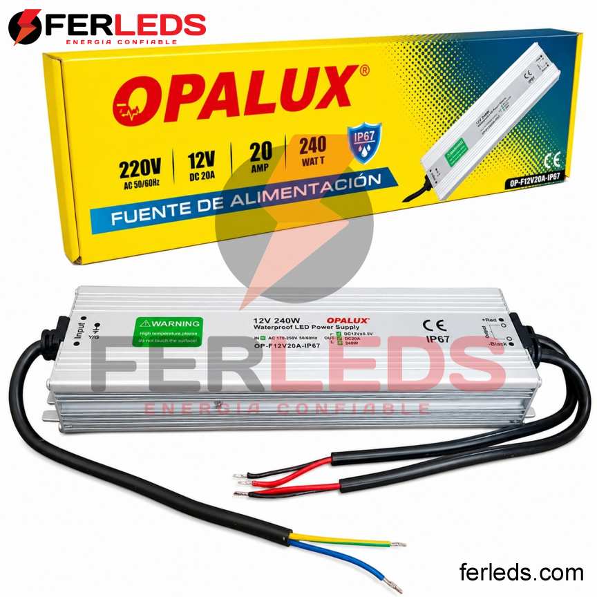 OPALUX | Transformador LED 12V 20A 240W IP67 para Tiras LED | OP-F12V20A-IP67