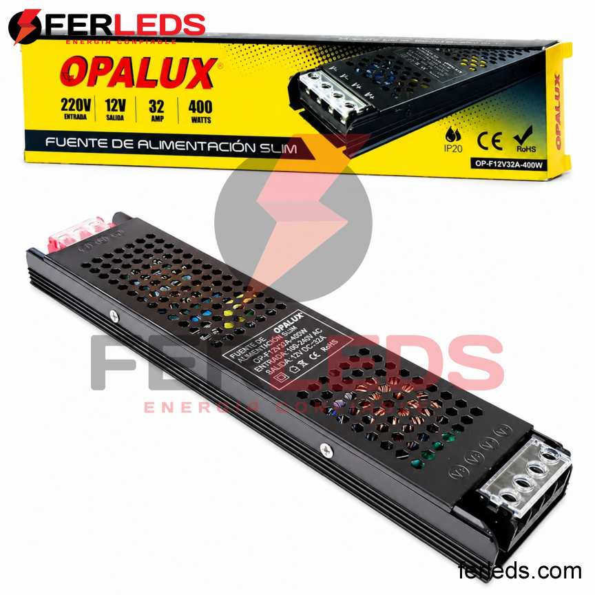 OPALUX | Transformador Slim LED 12V 32A 400W IP20 para Tiras LED | OP-F12V32A-400W