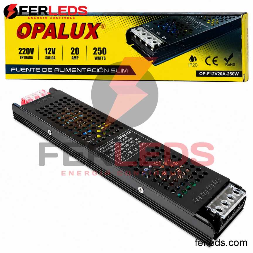 OPALUX | Transformador Slim LED 12V 20A 250W IP20 para Tiras LED | OP-F12V20A-250W