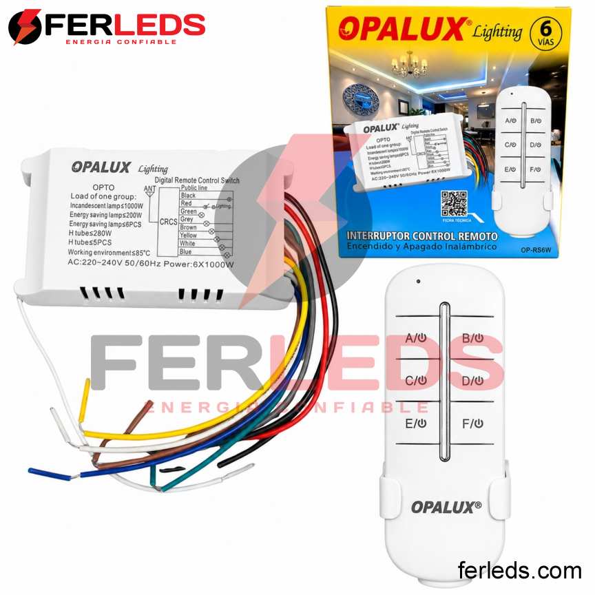 Interruptor Control Remoto Inalámbrico OPALUX OP-RS6W 6 Vías RF 220 V | FERLEDS