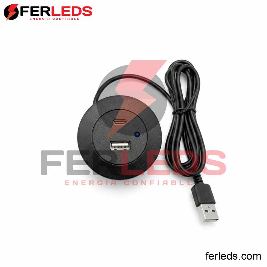 Ojal Pasacables Circular para Escritorio Negro USB + Tipo C