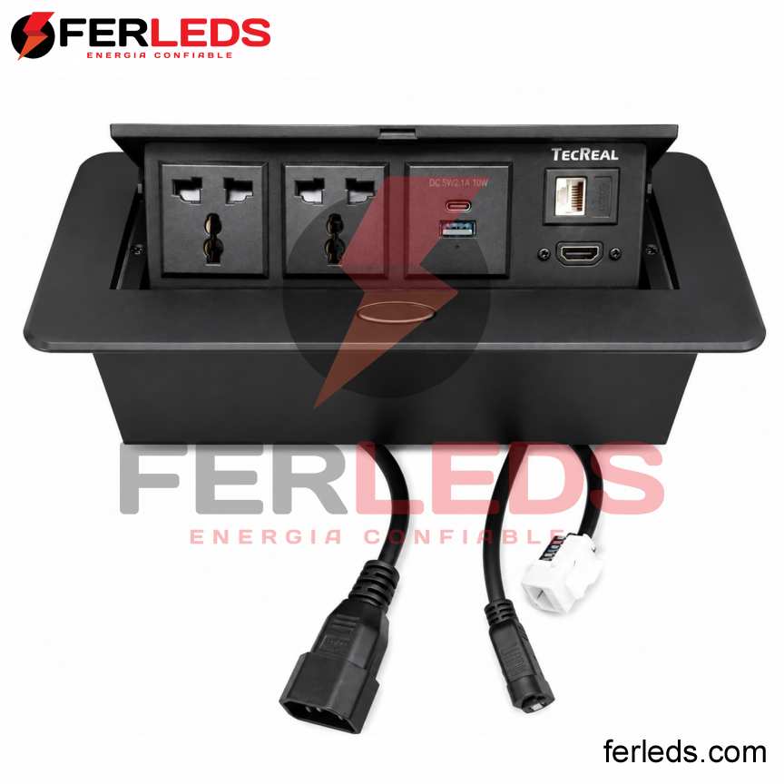 Tomacorriente para Escritorio Empotrable 2 Tomas USB-A USB-C, Data y HDMI Negro | FERLEDS